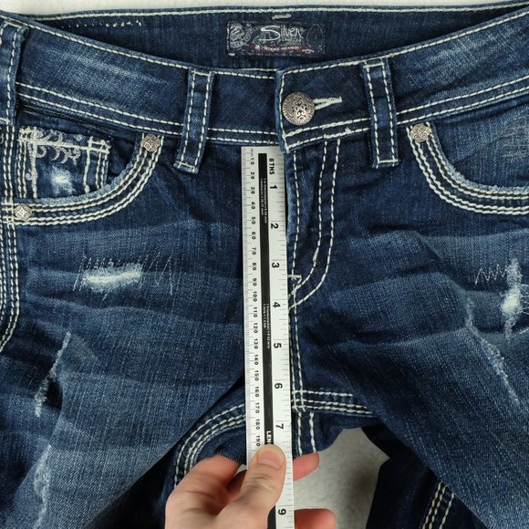 Size 27 Silver Suki Womens Blue Jeans Distressed Bootcut Stone Wash - Picture 9 of 14